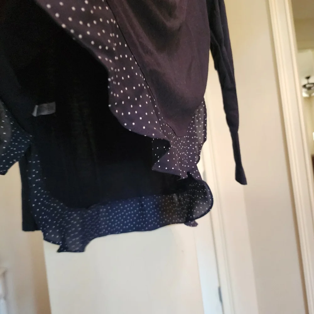 LOFT Medium Blue Long Sleeve Boxy Blouse Polka Dot Trim Detail - Picture 4 of 5